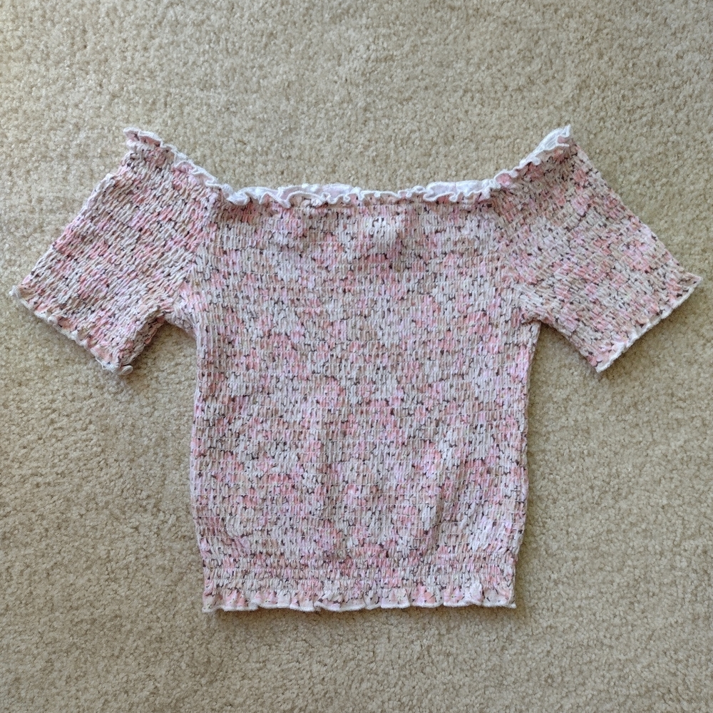 H&M Cotton Smocked Off-Shoulder Crop Floral Top Size S